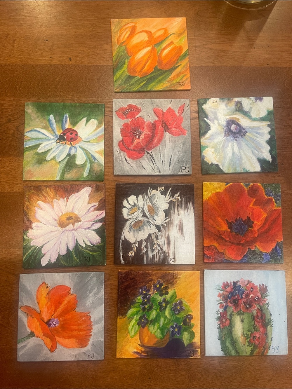 Hand painted 10 Flower Acrylic Canvas Panels 5”